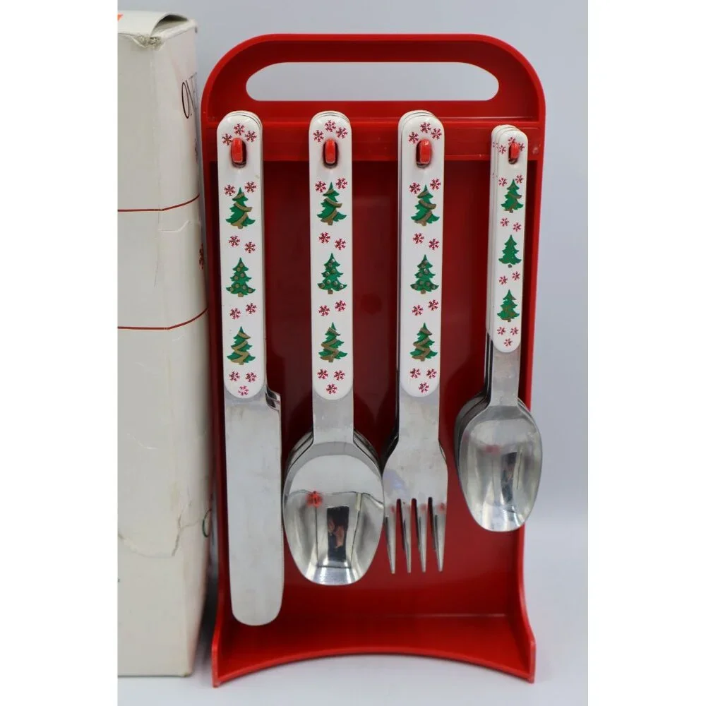 Oneida Holiday Colormates 22-Piece Flatware Set w/ Tote Caddy Christmas Japan